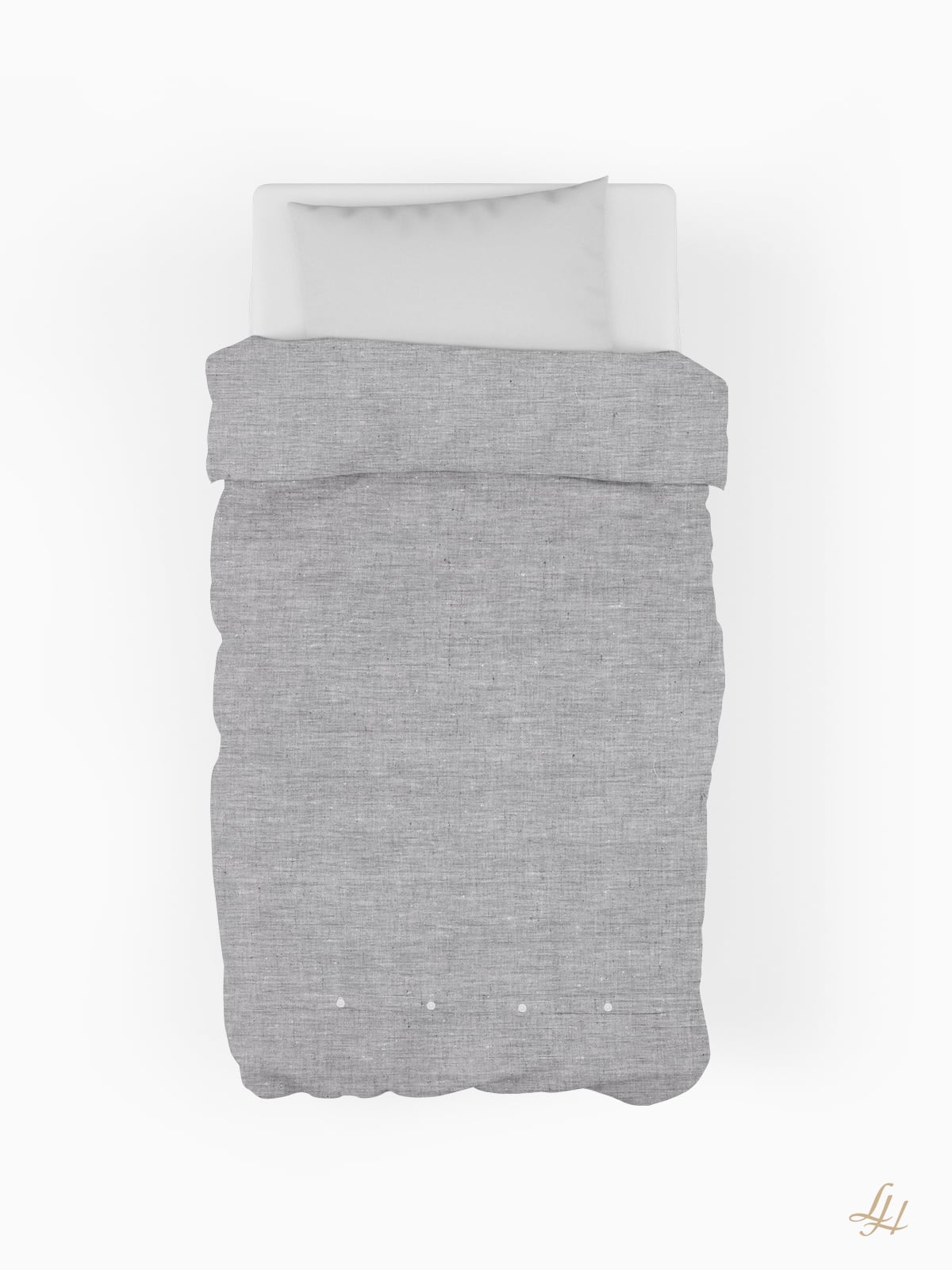 Ein Einzelbett mit hypoallergener Leinenbettwäsche in Anthrazit, einem weißen Kopfkissen und einer ordentlichen hellgrauen Bettdecke, Ansicht von oben.