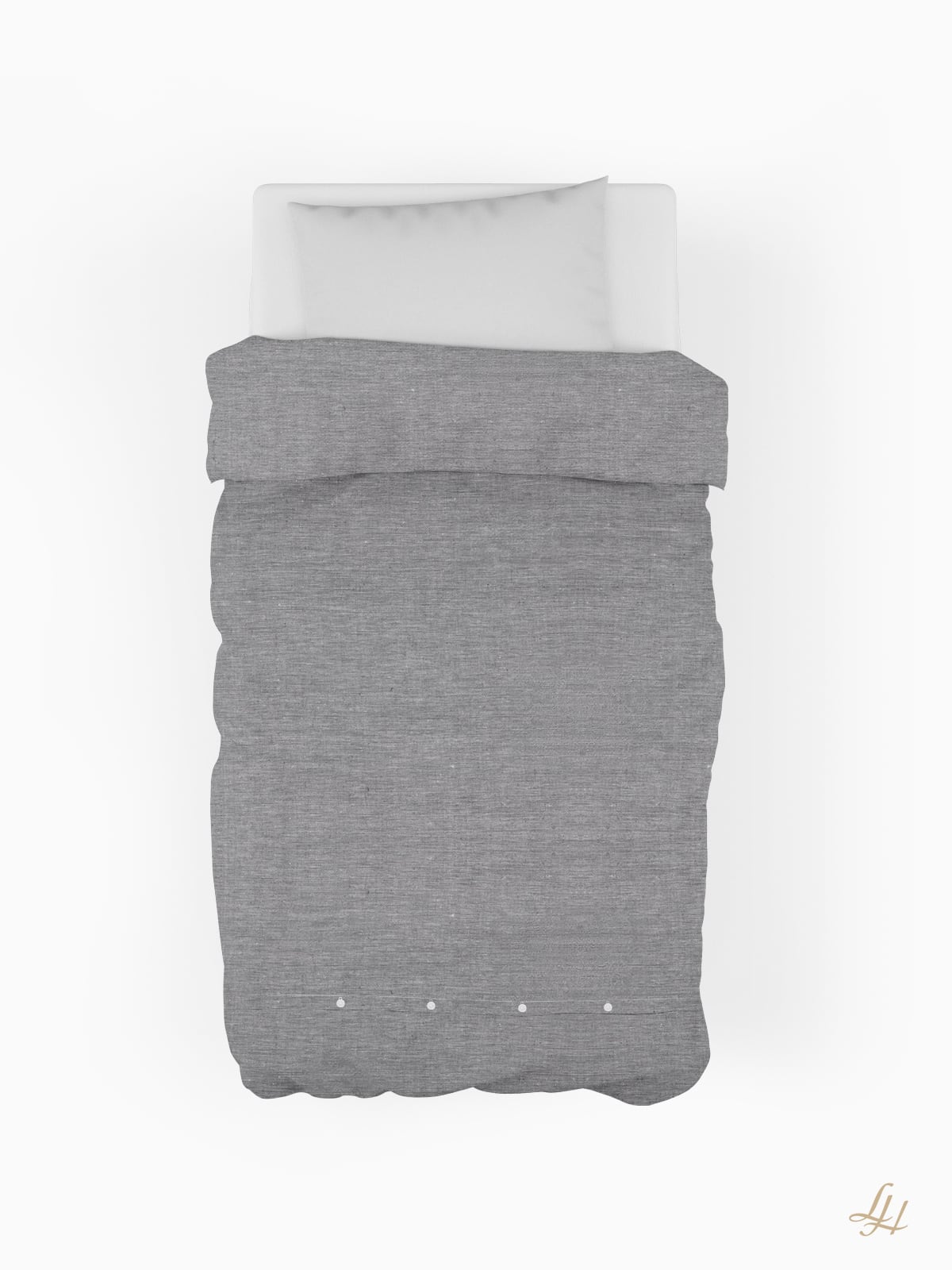 Ein Einzelbett mit einem weißen Kissen und einer grauen Anthrazit-Reinleinen-Bettdecke, von oben gesehen auf weißem Hintergrund.