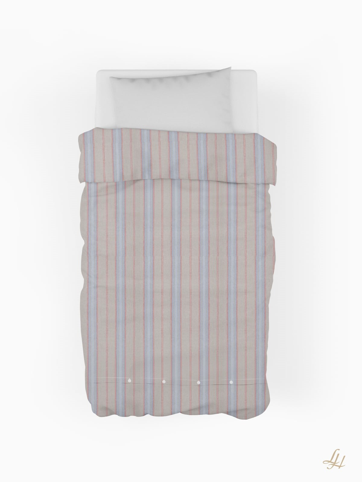 Ein sauber gemachtes Bett mit hypoallergener Leinenbettwäsche, einem weißen Kissen und einer rot-blau gestreiften Bettdecke.