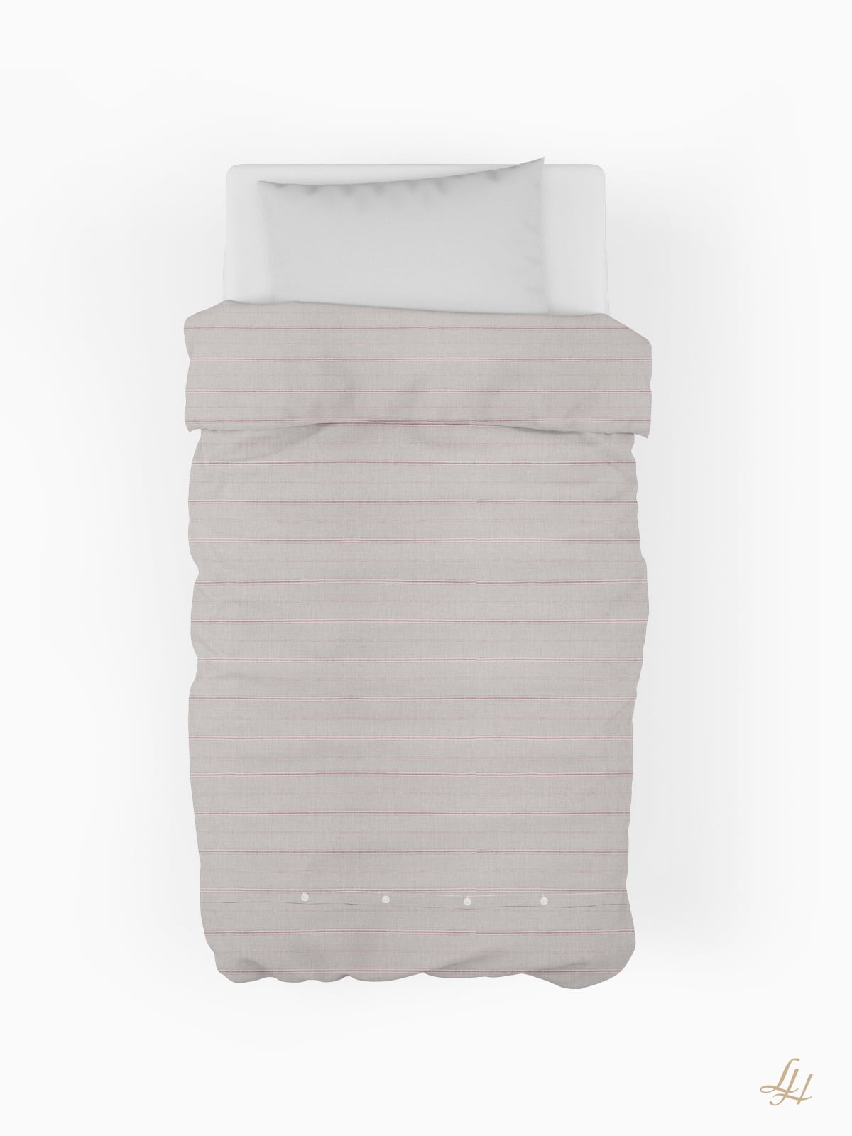 Ein gemachtes Bett mit einem Bettwäsche-Set Leinen in grau-rosa Streifen und zwei weißen Kissen, von oben gesehen auf einem weißen Hintergrund.