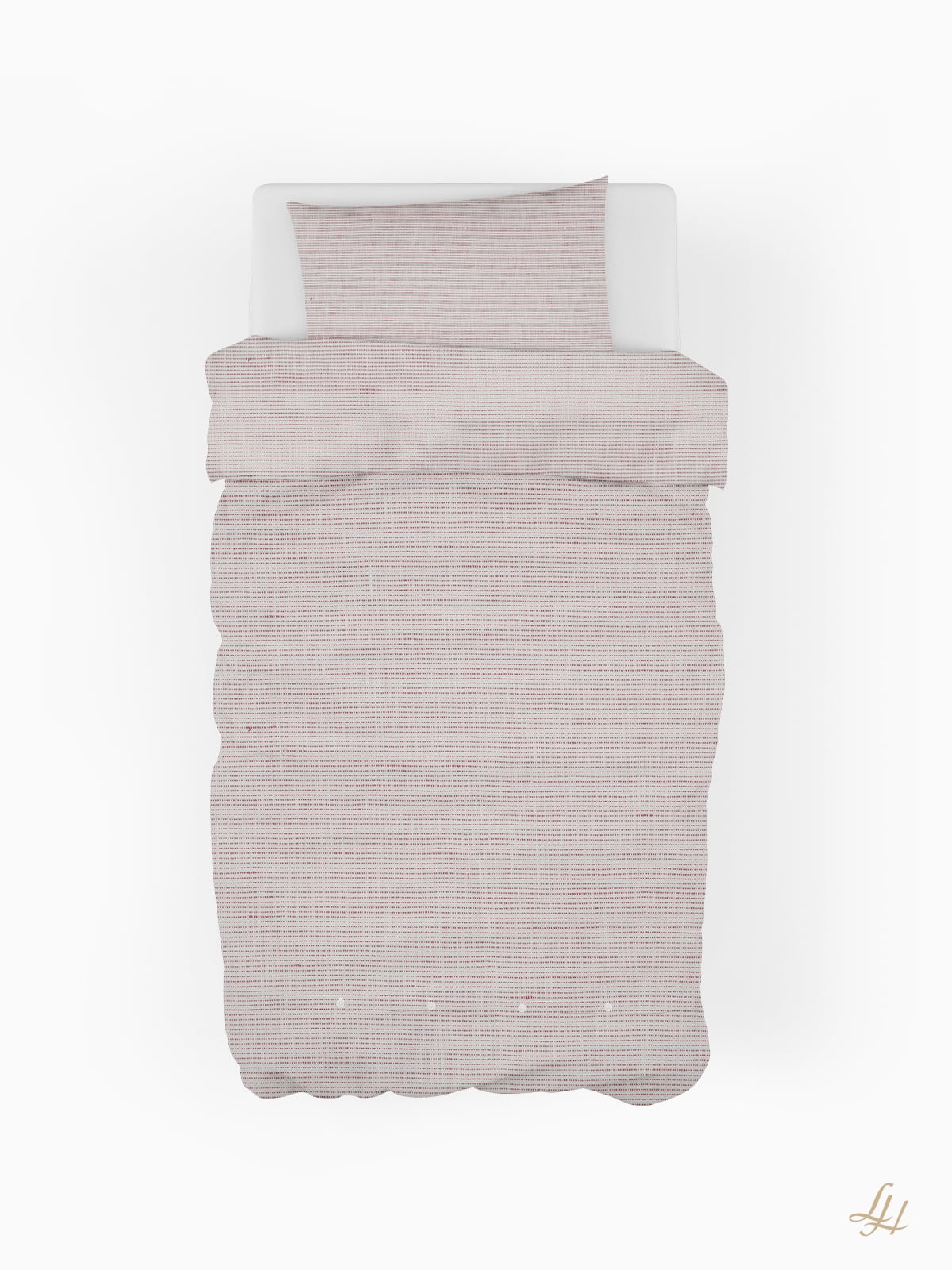 Ein Einzelbett mit Leinen Bettwäsche von europäischer Flachs, mit einer hellrosa strukturierten Bettdecke und passenden Kissen.
