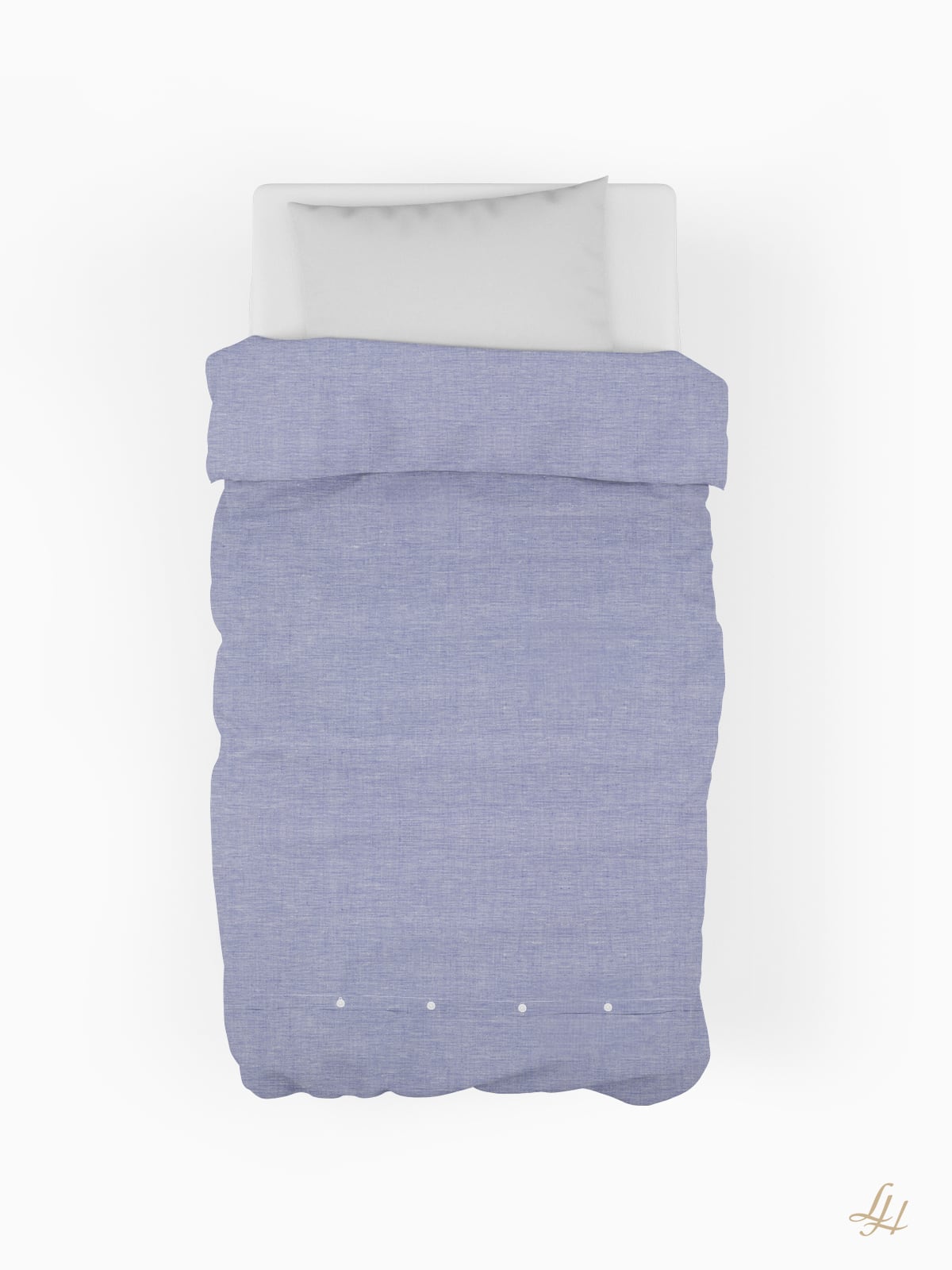 Ein Doppelbett mit einem hypoallergenen weißen Kissen und einem blauen Bettbezug, von oben auf weißem Hintergrund dargestellt.