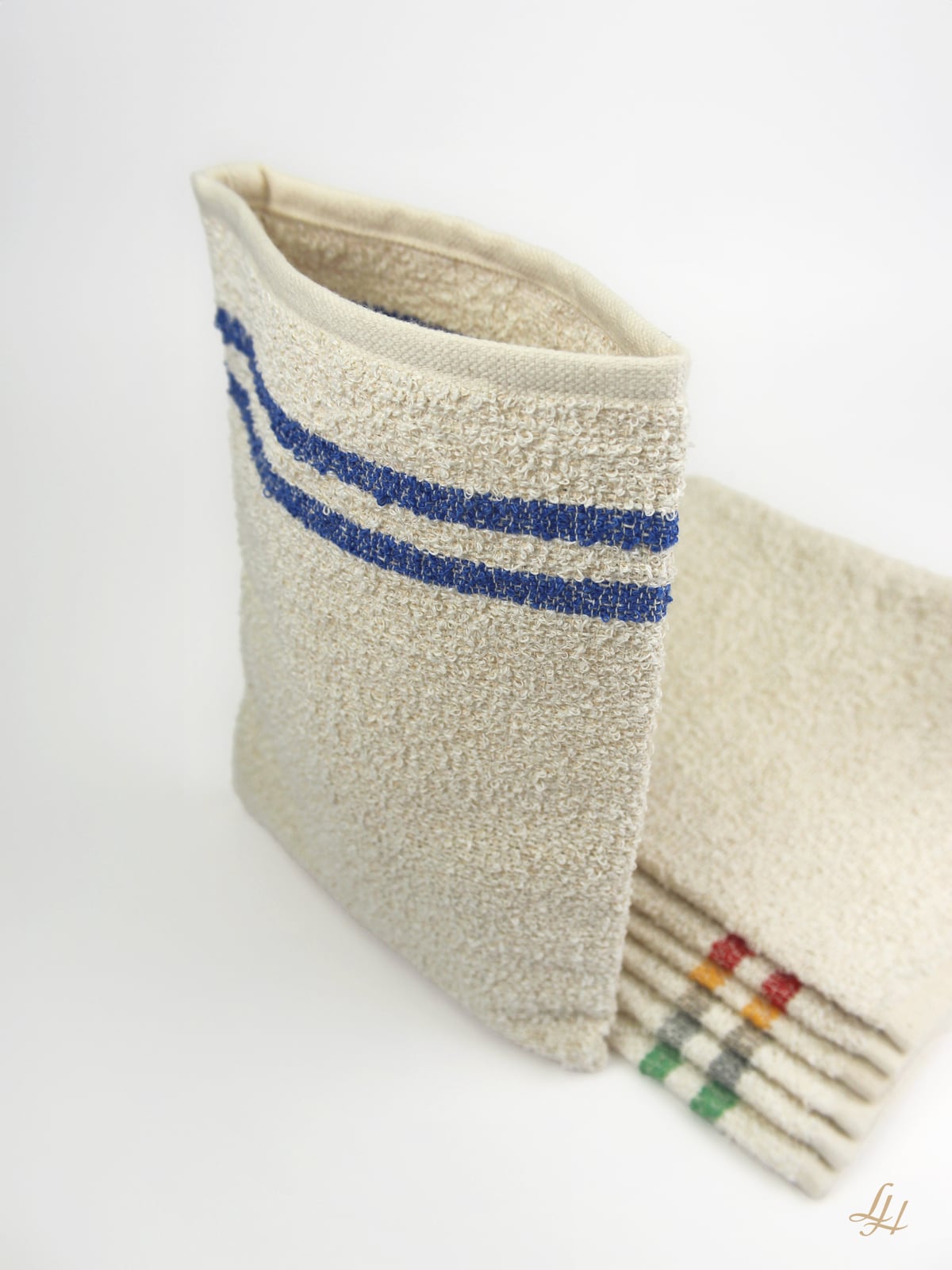 Waschhandschuh aus Leinenfrotté mit Grund Creme in Blau