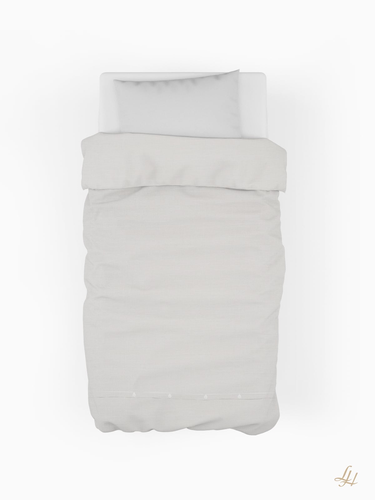 Draufsicht auf ein Einzelbett mit hypoallergener Leinenbettwäsche in Cremeweiß, weißem Kopfkissen und hellgrauem Bettzeug.