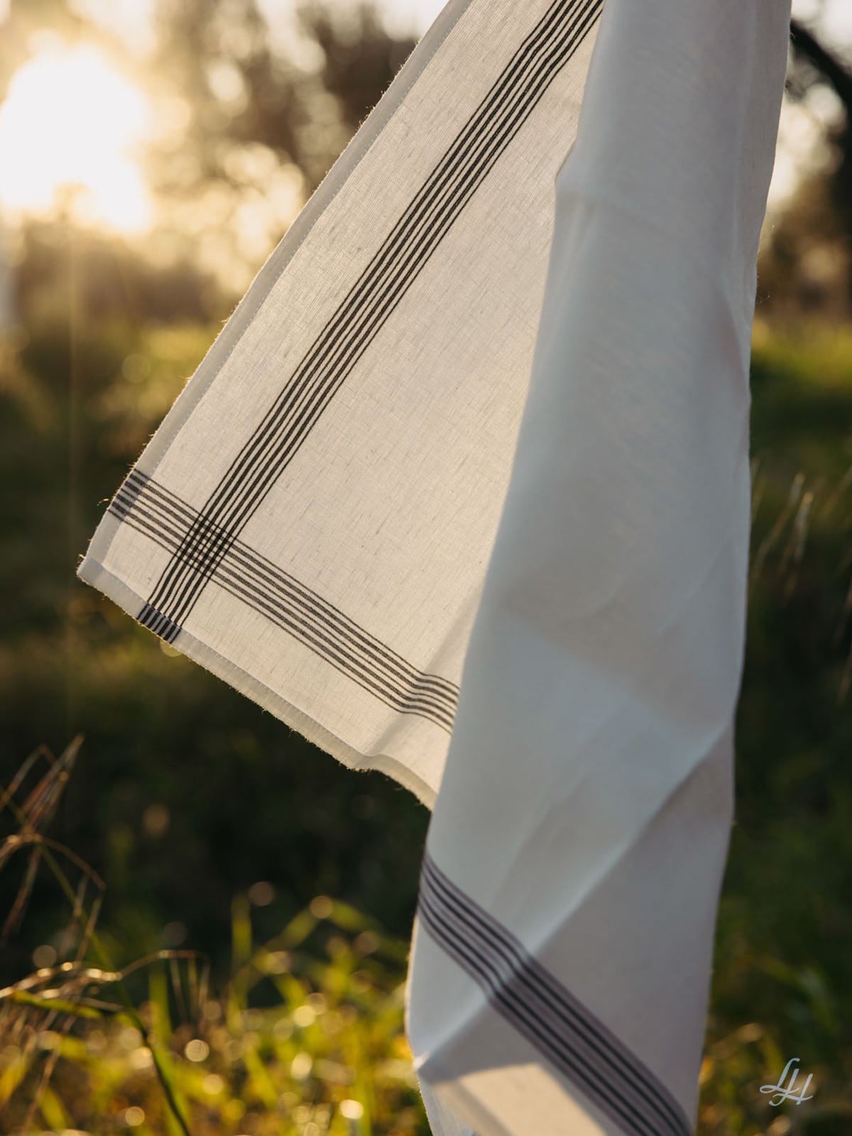 Ein Leinen-Gläsertuch mit schwarzen Streifen hängt im Freien, sein extrafeines Premium-Gewebe leuchtet im Sonnenlicht.