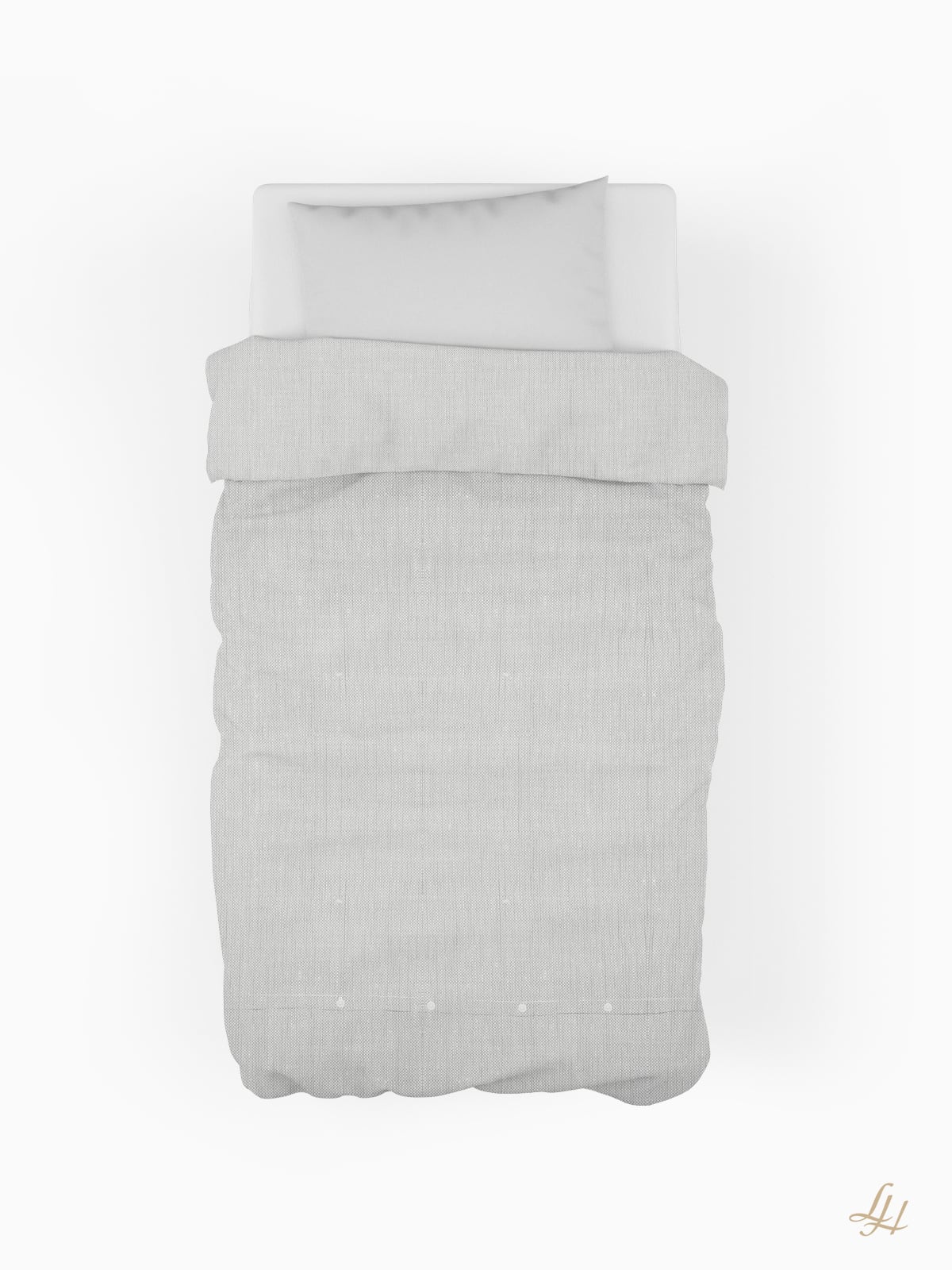 Ein sauber gemachtes Einzelbett mit hypoallergener Leinenbettwäsche in Hellgrau und einem weißen Kissen, von oben gesehen.