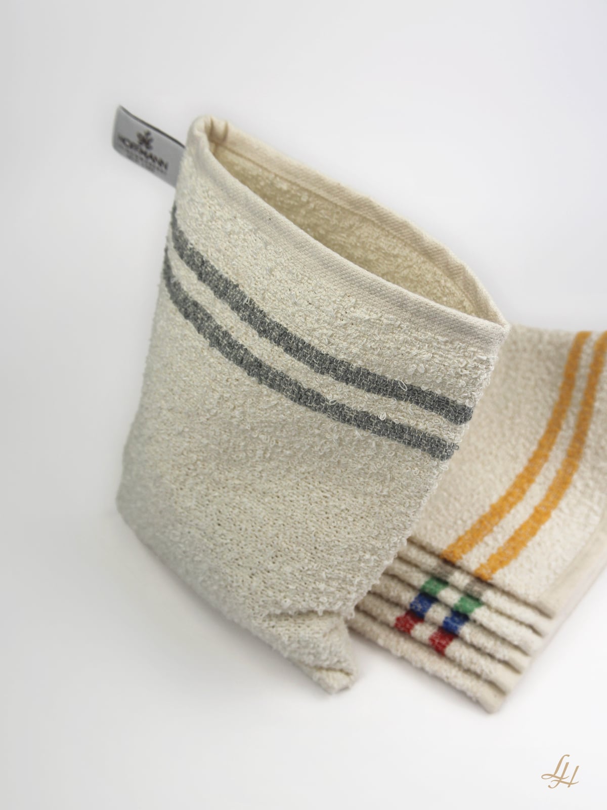 Waschhandschuh aus Leinenfrotté mit Grund Creme in Grau