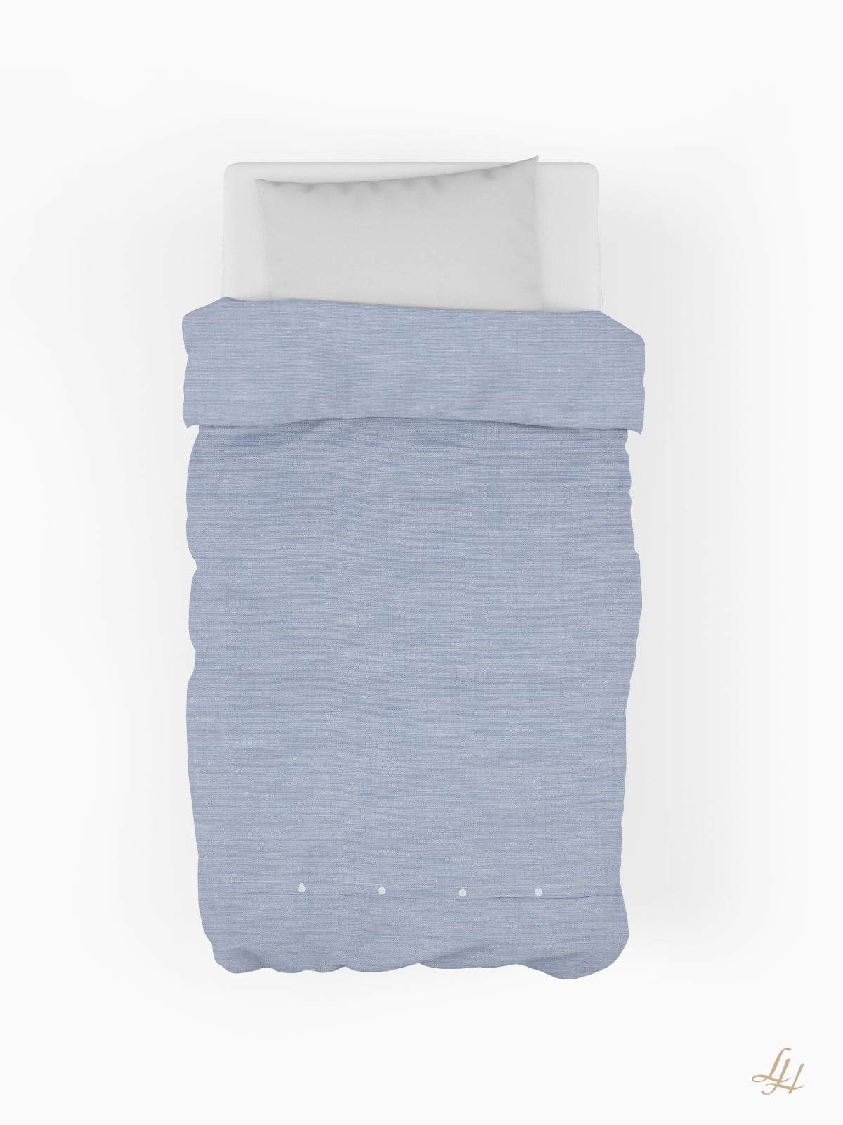 Ein Einzelbett mit hypoallergener Leinenbettwäsche in Hellblau und einem weißen Kopfkissen, von oben gesehen auf weißem Hintergrund.