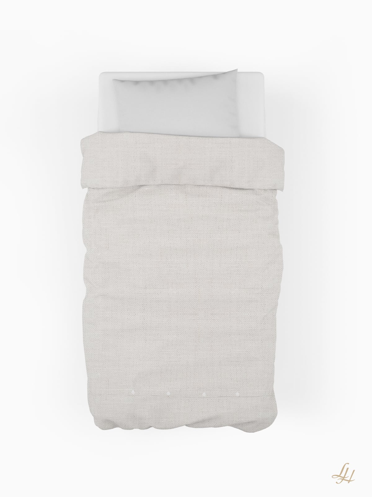 Ein ordentlich gemachtes Einzelbett mit Leinenbettwäsche, einer hellbeigen Bettdecke, weißen Kissen und weißer Bettwäsche, von oben betrachtet.
