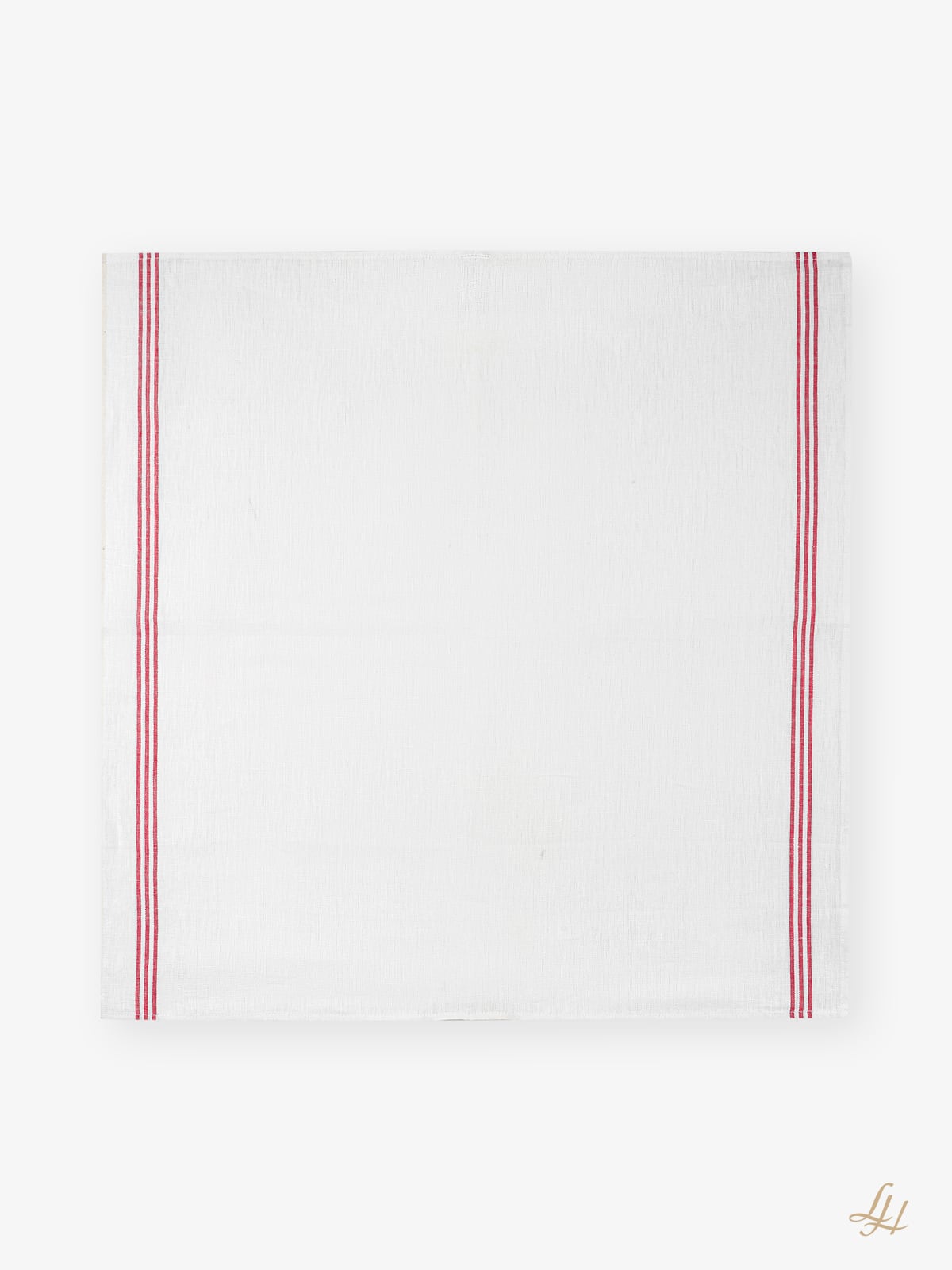 Ein quadratisches Gläsertuch aus Leinen mit zwei roten Streifen an jeder Kante, ideal für streifenfreie Glasreinigung auf hellem Hintergrund.
