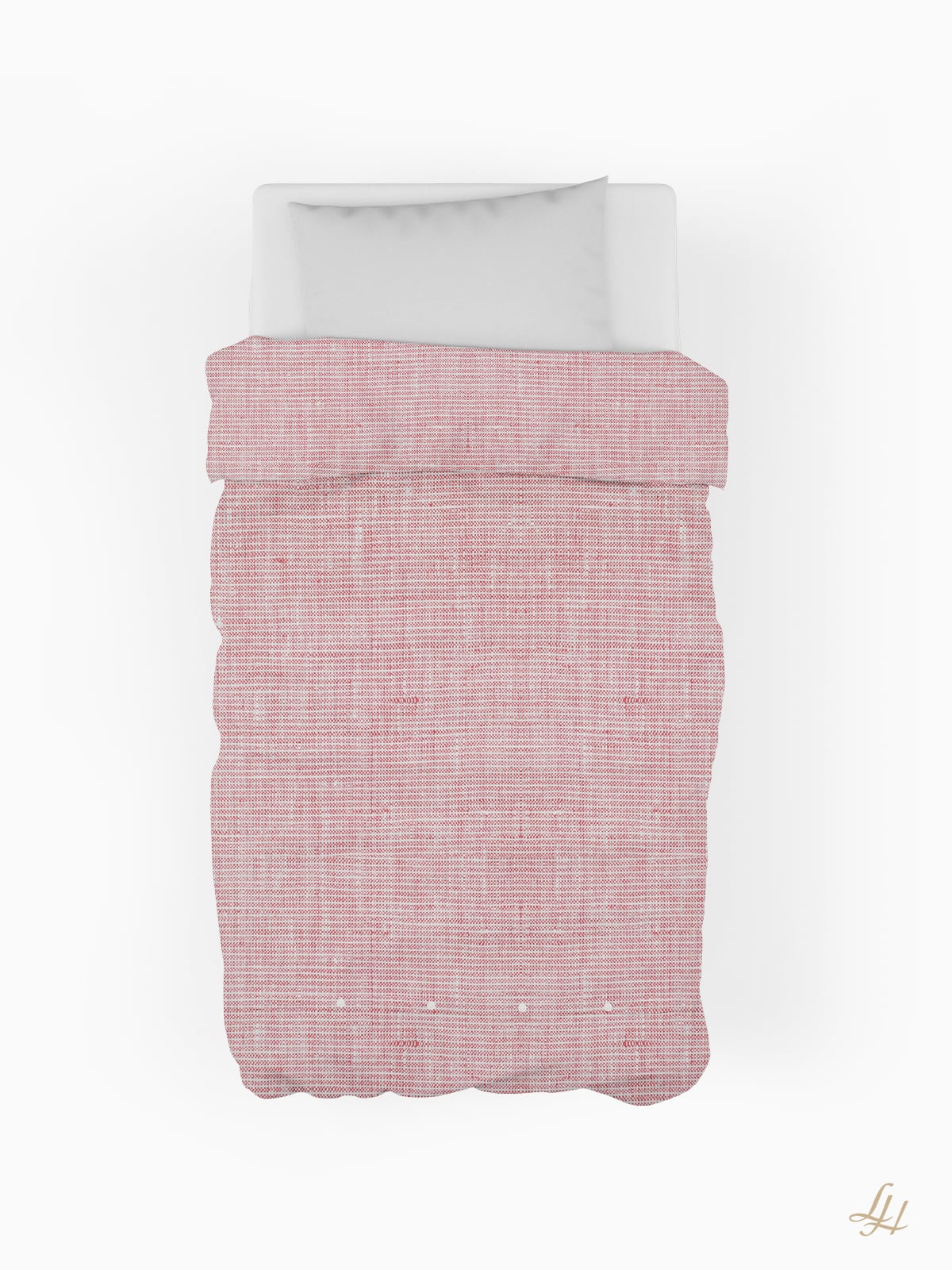 Ein Doppelbett mit Leinenbettwäsche, einem weißen Kissen und einem rosafarbenen, strukturierten Bettbezug, von oben auf weißem Hintergrund dargestellt.