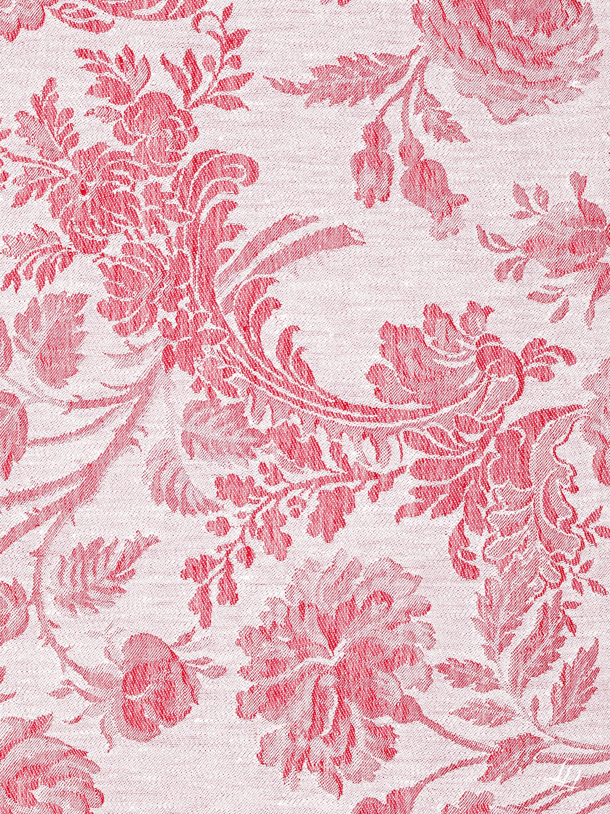 Chrysantheme Rot (Hell) florales Damastmuster mit verschnörkelten Blüten und Blättern im Vintage-Stil auf hellem Hintergrund.