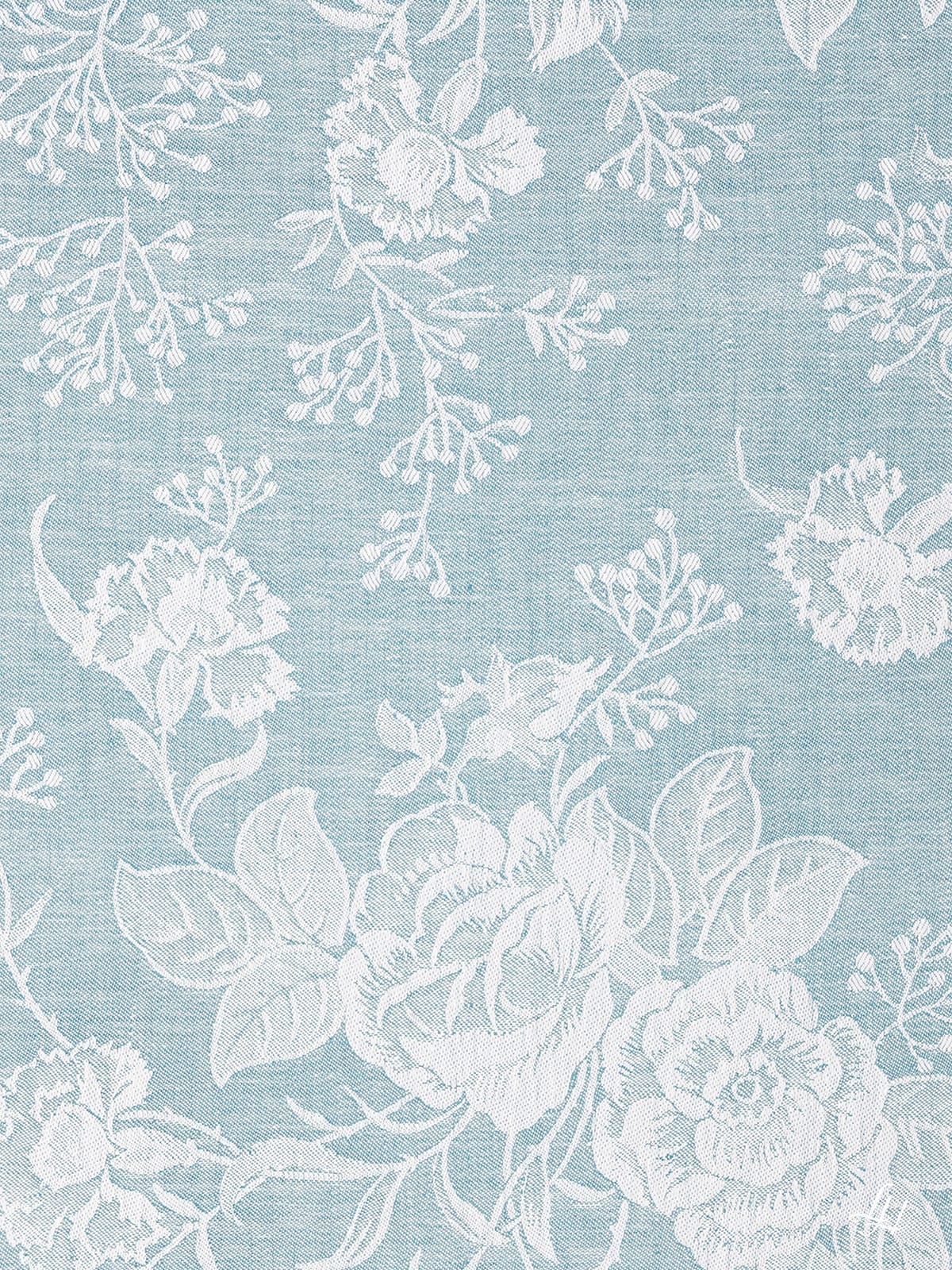 Bettbezug aus Reinleinen-Damast mit Muster Nelke in Petrol-Dunkel; die Struktur