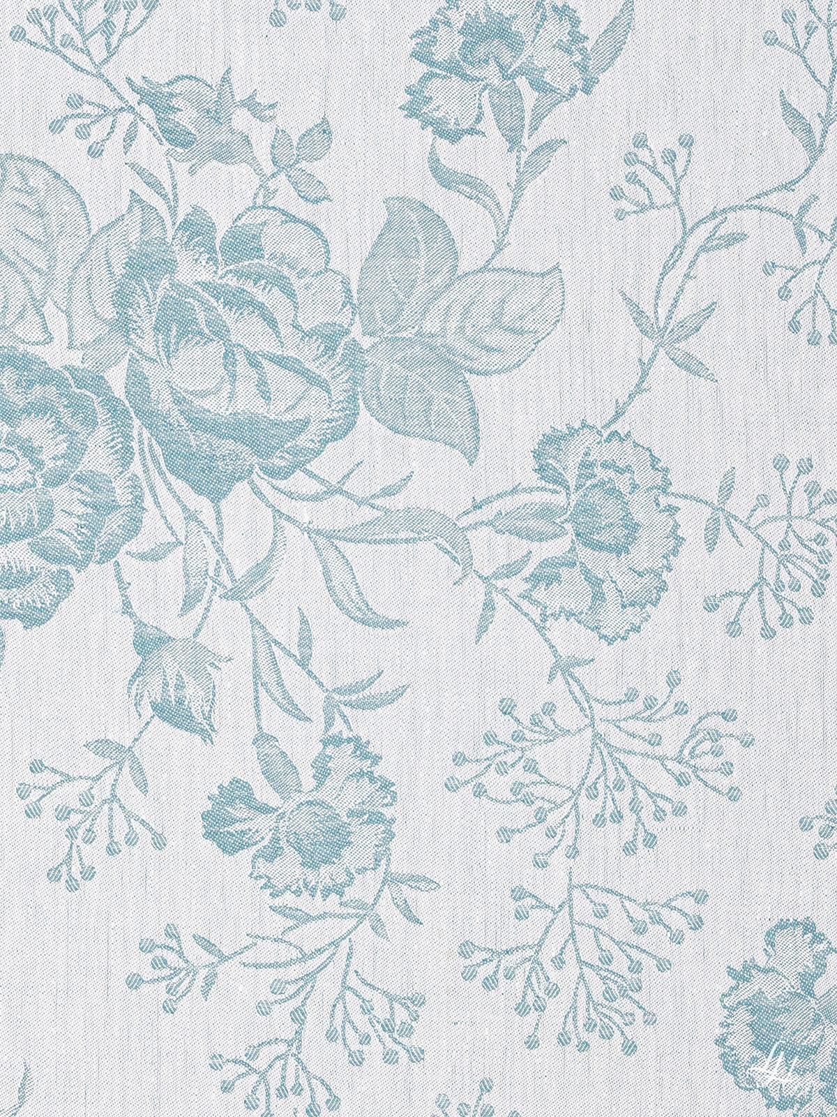 Hellblaues florales Muster mit Rosen und Blättern auf europäischem Leinen, perfekt für eine charmante Leinentischdecke.