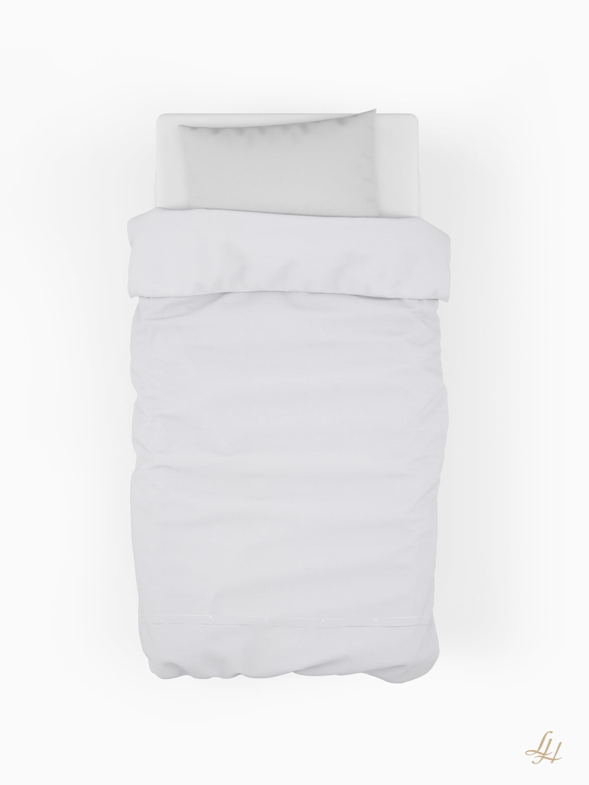 Ein ordentlich gemachtes Einzelbett mit Halbleinen-Bettzeug und einem weißen Kissen, von oben gesehen vor einem schlichten weißen Hintergrund.