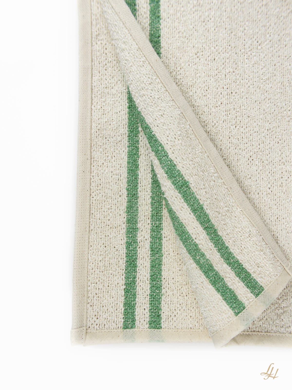Waschlappen aus Leinenfrotté in Grund Cremeweiß mit Farbstreifen in Grün im Detail