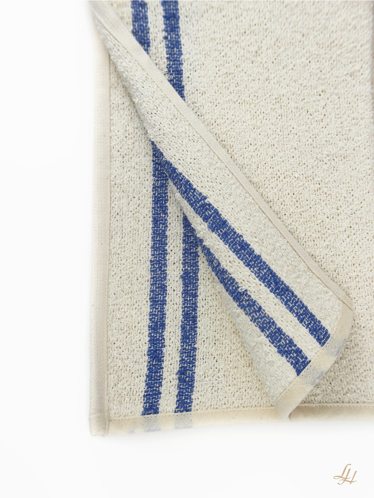 Waschlappen aus Leinenfrotté in Grund Cremeweiß mit Farbstreifen in Blau im Detail
