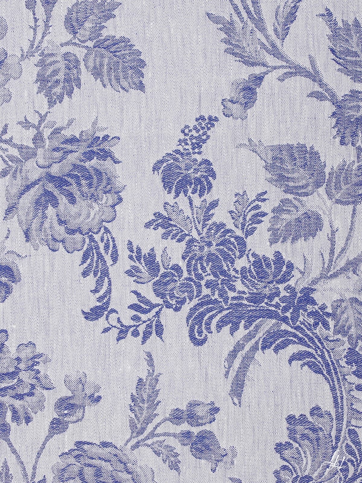 Tischläufer aus Reinleinen-Damast Muster Chrysantheme in Blau-Dunkel im Detail