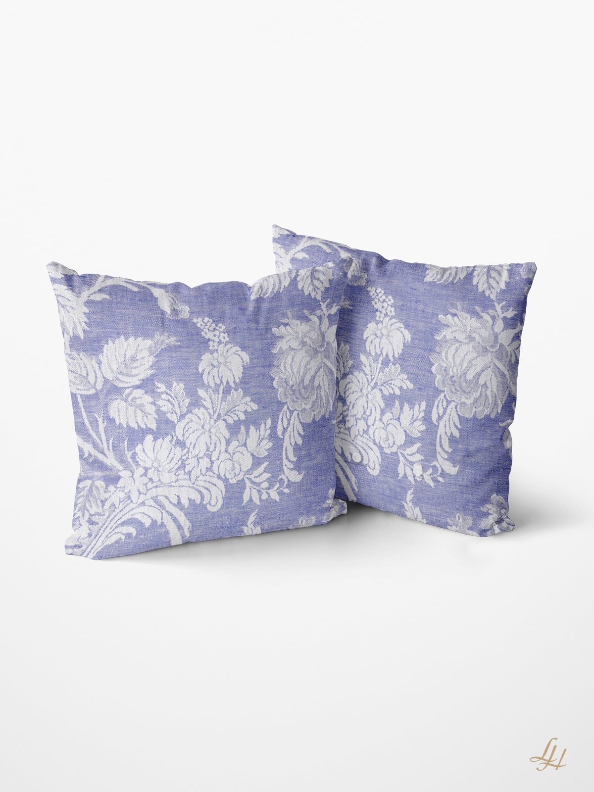Kissen aus Reinleinen-Damast Muster Chrysantheme in Blau-Dunkel; Beispielbild