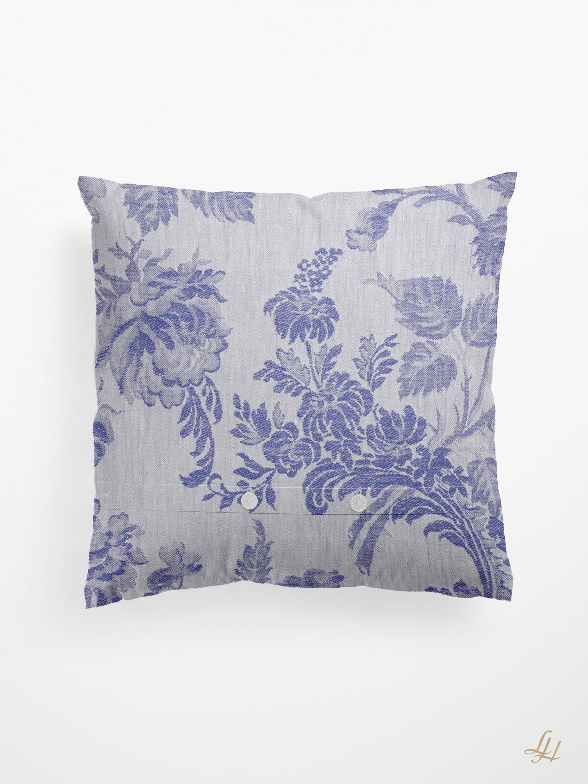Kissen aus Reinleinen-Damast Muster Chrysantheme in Blau-Hell
