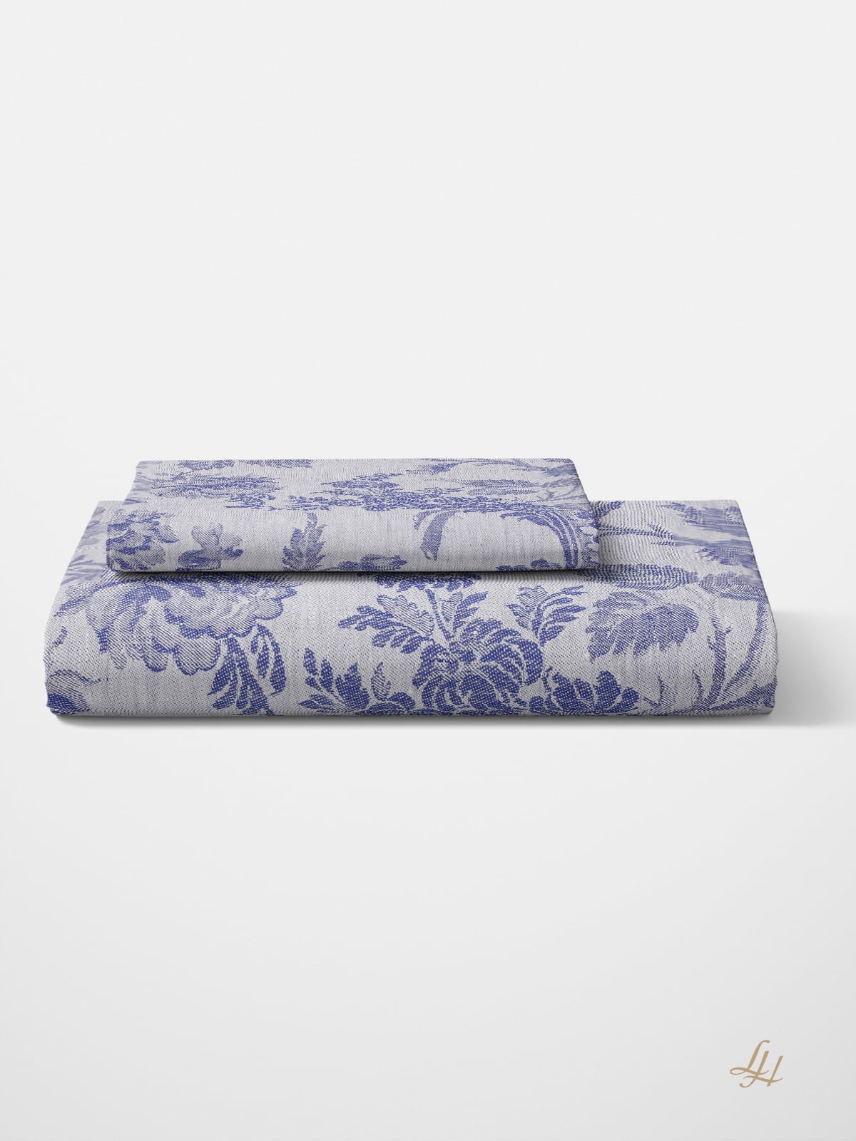 Bettbezug aus Reinleinen-Damast mit Muster Chrysantheme in Blau-Hell