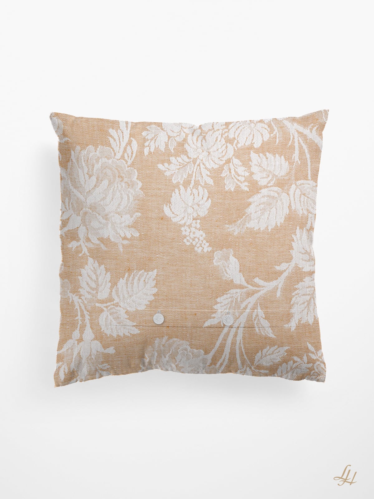 Kissen aus Reinleinen-Damast Muster Chrysantheme in Gold-Dunkel