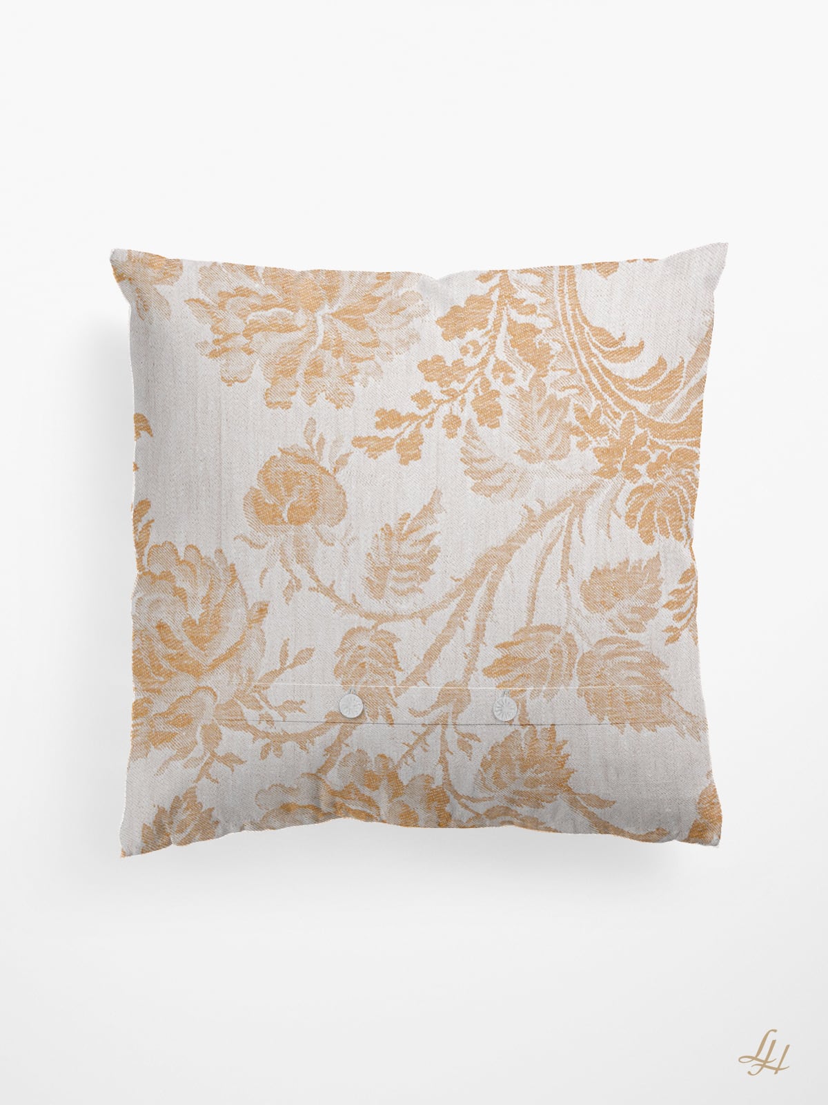 Kissen aus Reinleinen-Damast Muster Chrysantheme in Gold-Hell