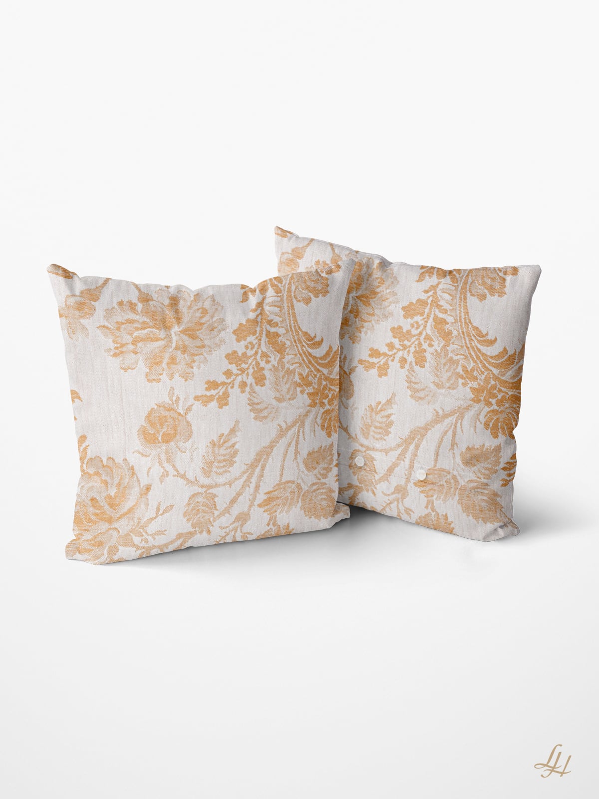 Kissen aus Reinleinen-Damast Muster Chrysantheme in Gold-Hell; Beispielbild