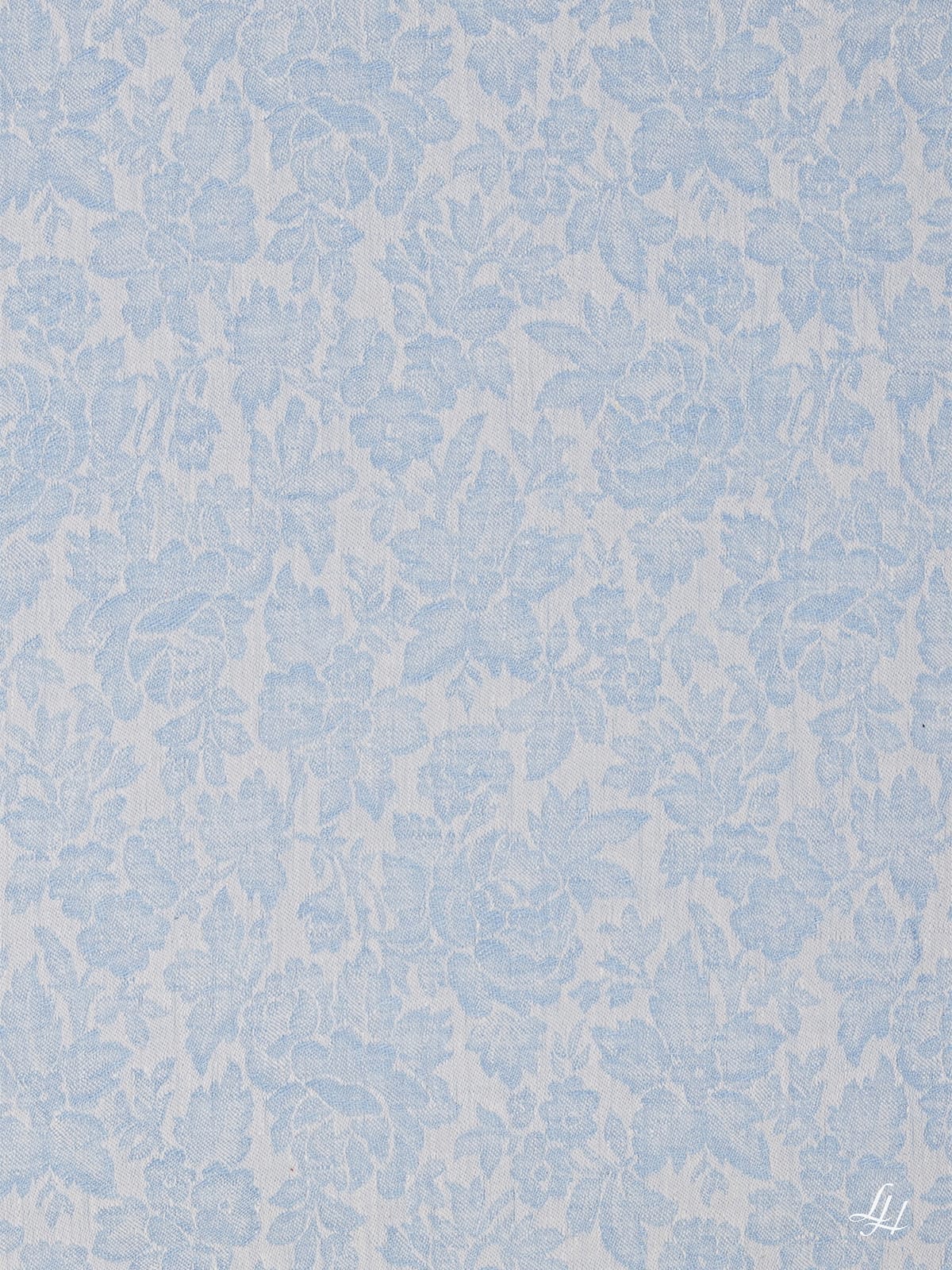 Tischläufer aus Reinleinen-Damast Muster Röschen in Himmelblau; die Struktur